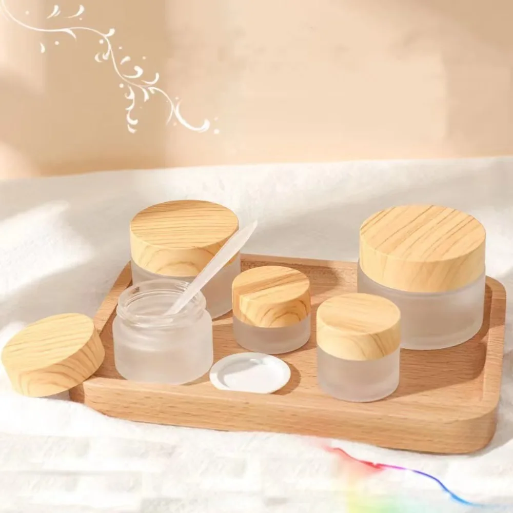 Cremetiegel aus Milchglas mit Holzmaserung, Schraubverschluss, runde Cremeflasche, Kosmetikbehälter, Glas, Peeling, Unterabfüllung für Make-up-Fläschchen