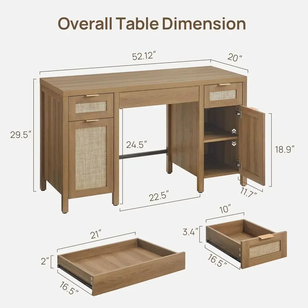 Rattan Storage Executive Desk with Drawers and Cabinet, Oak Finish, Suitable for Home Office, Study, Living Room (Set of 2)