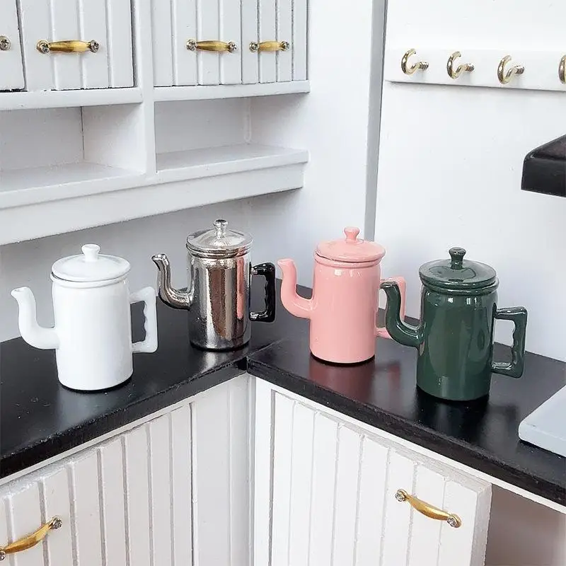 1:12 Cute Dollhouse Miniatures Kettle With Lid Models Kitchen Accessories For Doll House Decor Kids Pretend Play Toys DIY Gifts