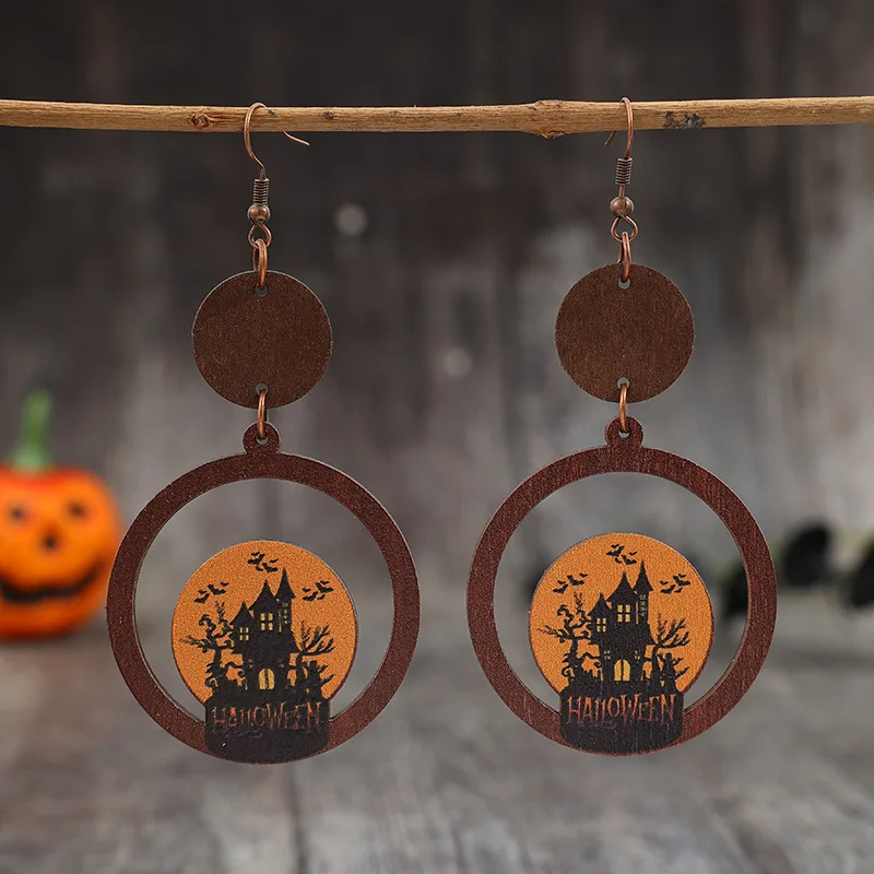 New Halloween Vintage Ring Joint Round Printed Haunted Castle Wooden Charm Women's Earrings