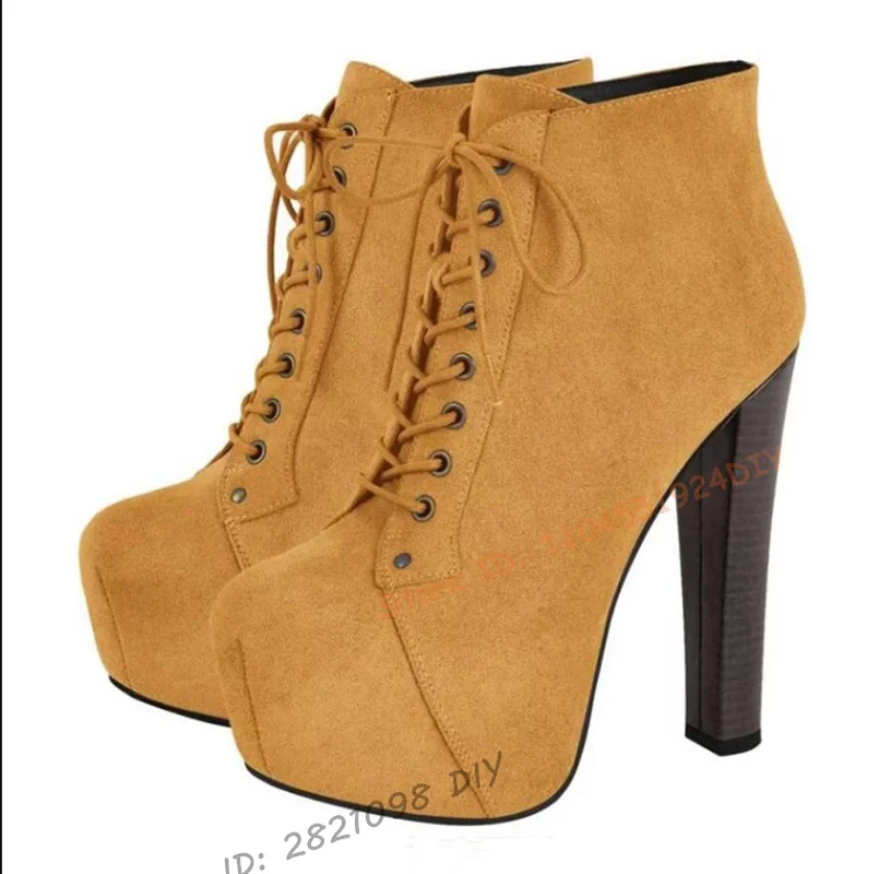 Yellow Suede Flock Round Toe Block Chunky Heels Platforms Ankle Highs Women Lace Up Booties