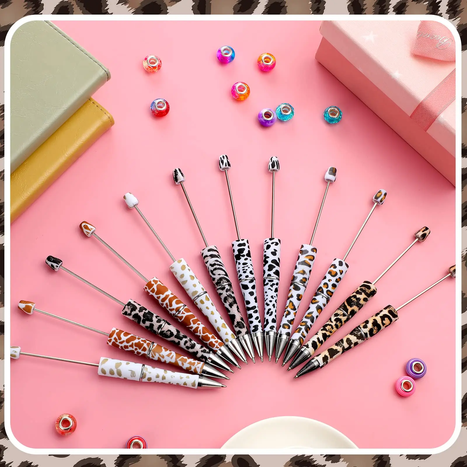 12Pcs Newest Printed Leopard  Beaded Ballpoint Pen DIY Beadable Pen Student Pens School Stationery Supplies