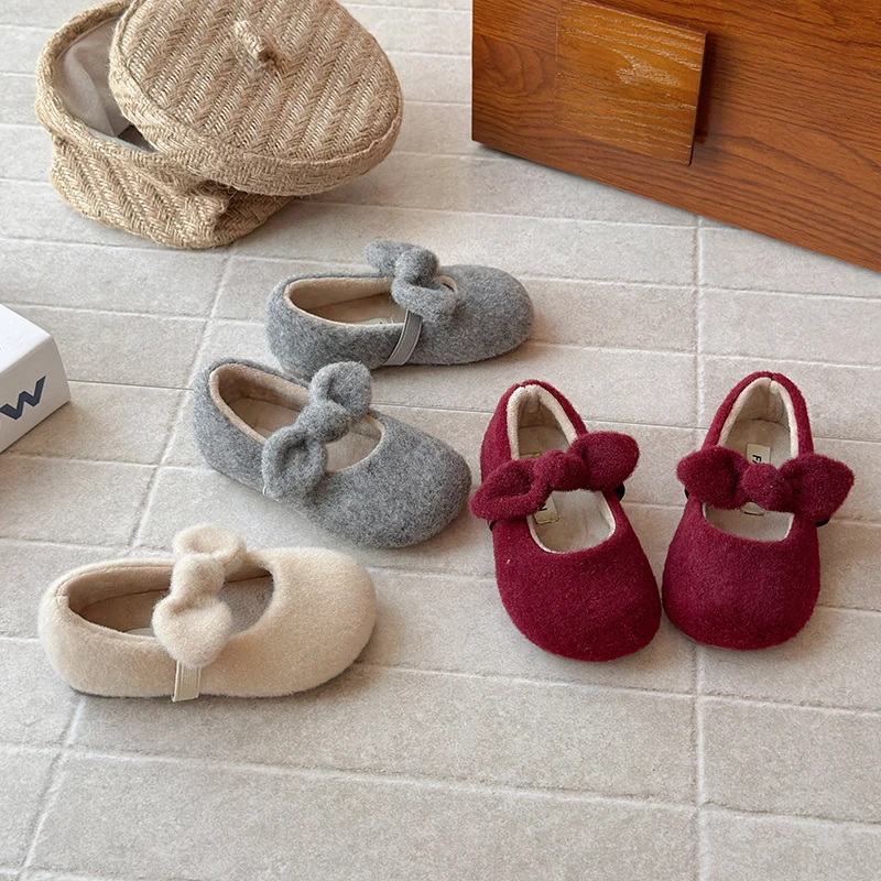 Kids Girls Bowknot Mary Jane Shoes Soft Plush Upper Elastic Strap Flexible Flat Sole Autumn Winter Children Party Casual Shoes
