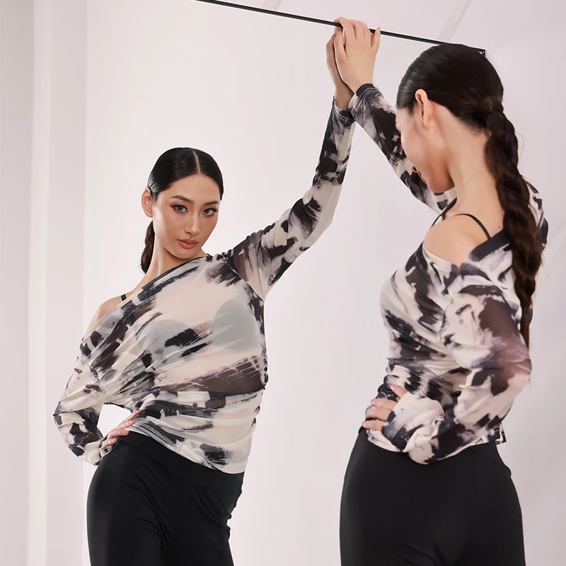 2024 New Latin Dance Tops Mesh Long Sleeves Oblique Shoulder T Shirt Adult Women Rumba Ballroom Dance Practice CLothing BL13424