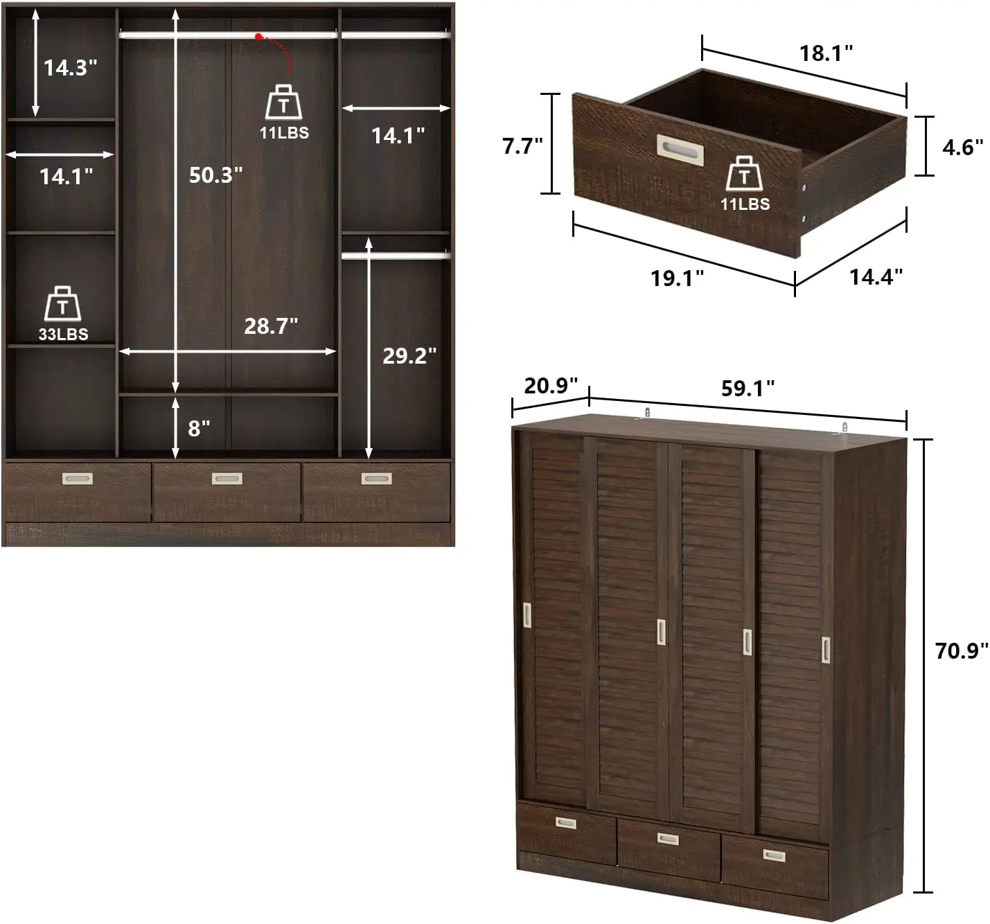 Aiegle 4 Sliding Doors Wardrobe Armoire With 3 Drawers, 59.1