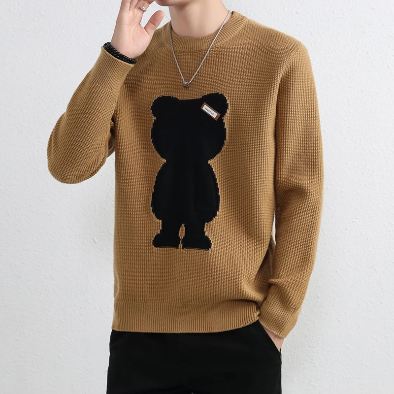 

Мужской вязаный свитер с вышивкой медведя, круглый вырез, для ношения под одеждой, премиум-класс, теплый, молодежный, повседневный, удобный крой