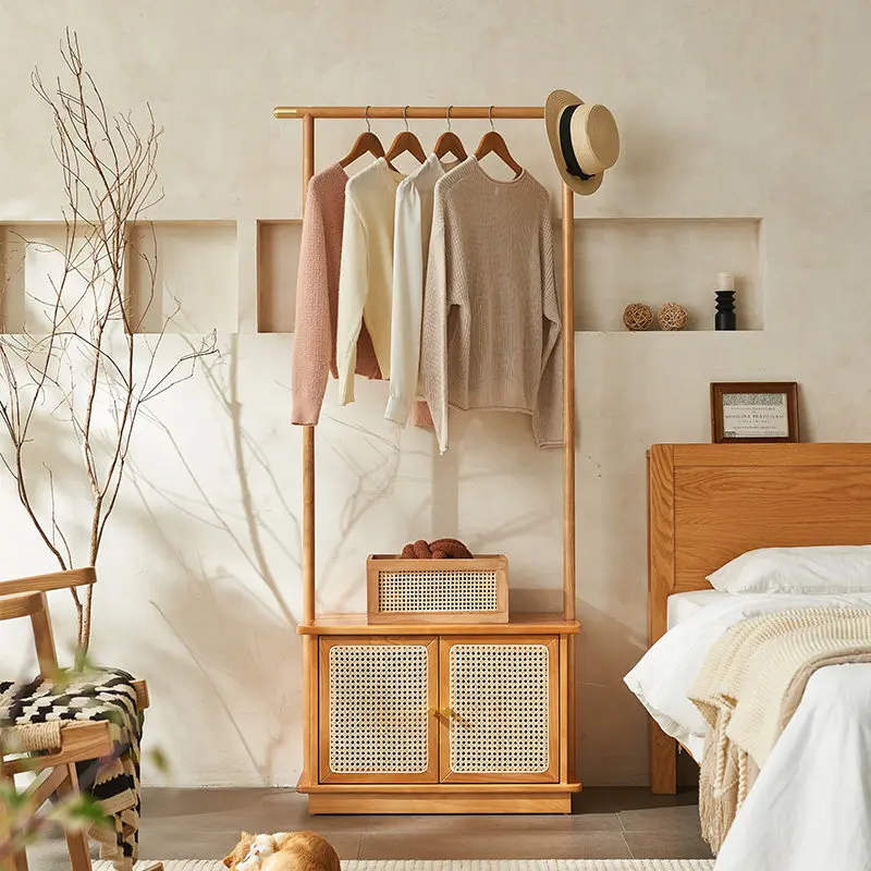 Rattan-woven Solid Wood Floor-standing Coat Rack Bedroom Use Wabi-sabi Style Multi-functional