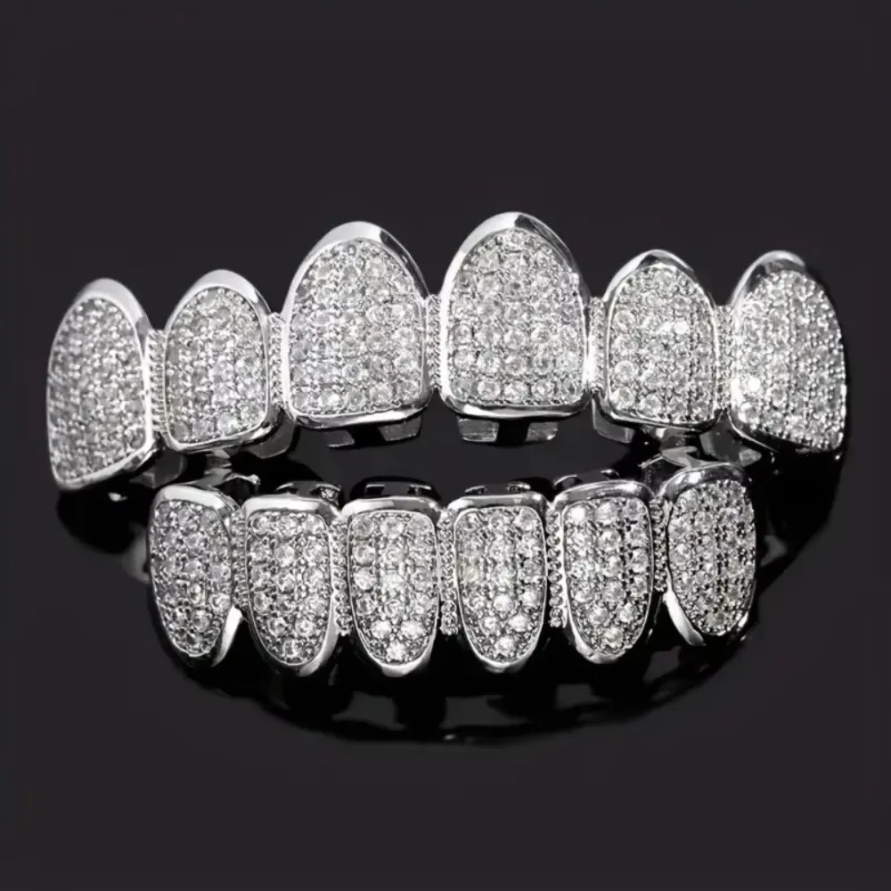 Fashion Cold Bling Teeth Decoration Gold Top Bottom Mouth Hip Hop Teeth Set Silver Unisex Teeth Brace Set For Fashion Jewelry