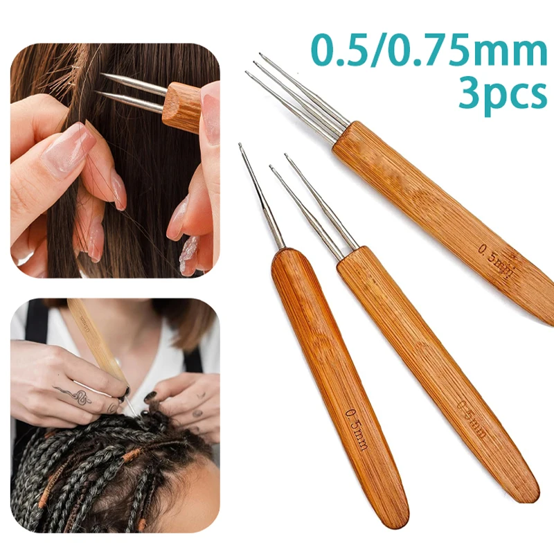 3Pcs 0.5/0.75MM Wooden Hair Crochet Needle Dreadlocks Braids Hair Crochet Hook Single/Double/Three Head Hair Crocheting Needles