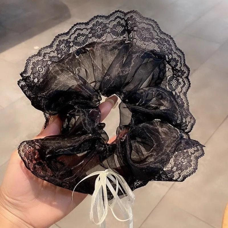 Blacke White Lace Romatic Hair Bands Women Girls Simple Bow Ribbon Hair Scrunchies Fashion Elegant Hair Accessories