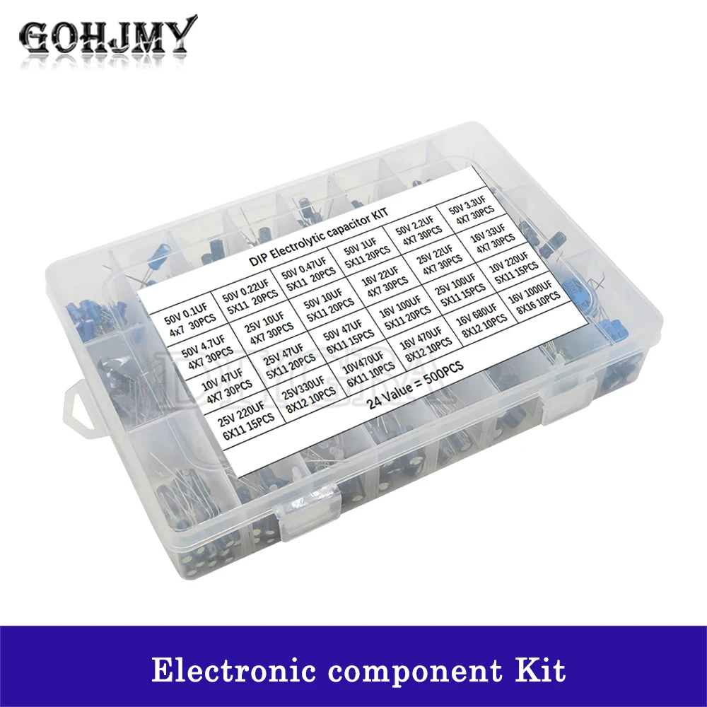 500PCS/LOT 24Values Aluminum Electrolytic Capacitors 0.1UF-1000UF 16-50V Mix Electrolytic Capacitor Assorted Kit And Storage Box