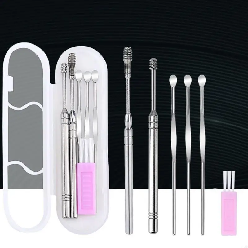 L8RD 6Pcs/Set Stainless Steel Ear Wax Removal Tools Hygiene Care Spring Curette Earpick Cleaning Spoons with Brush