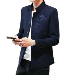 Chinese Style Red-Crowned Crane Embroidery Men Tunic Suit Jacket 2024 New Stand Collar Zhongshan Jacket Casual Blazer