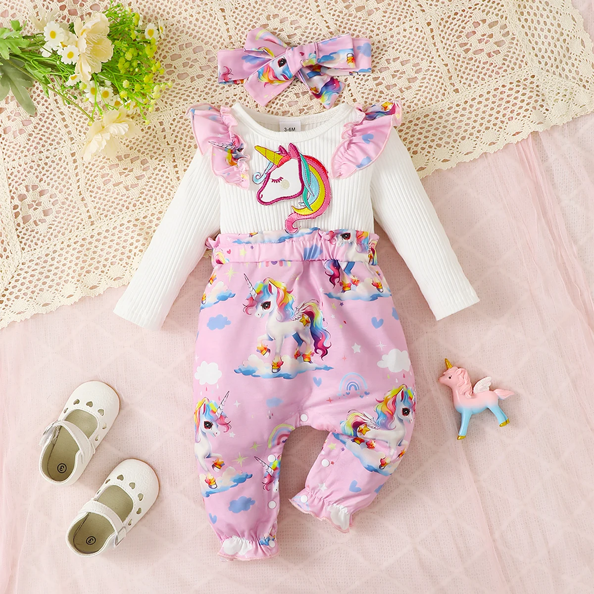 Newborn Bodysuit Pit stripe Long sleeved Cartoon unicorn print Autumn Bodysuit+Headband Suitable for Baby Girls Aged 0-18 Months