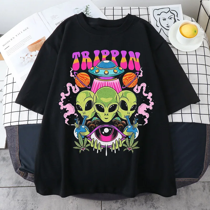 Camiseta gótica Harajuku para Mujer, Tops creativos con estampado de extraterrestre, Tops informales a la moda de verano para Mujer, Ropa para Mujer, camiseta, Ropa para Mujer