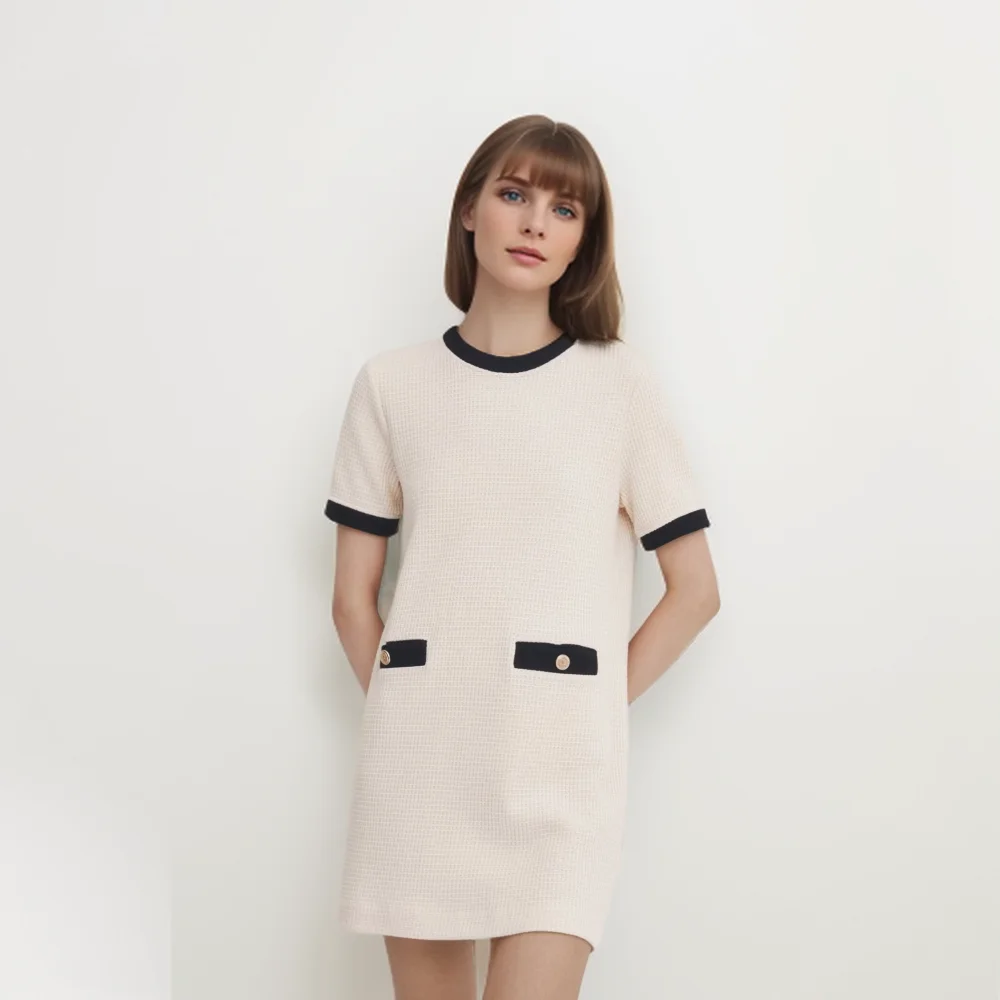 Cos Lris 2024 Summer Women\'s Clothing Small Fragrance Style Contrast Color Splicing Round Neck Dress Short Skirt