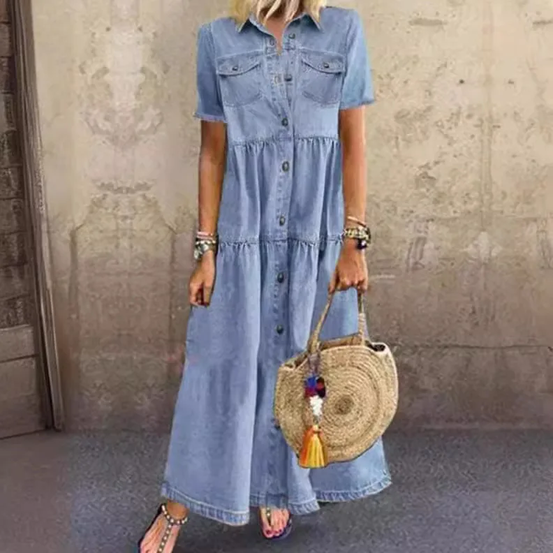 

2024 Spring Summer Solid Denim Style Dress Women's New Fashion Long Single Breasted Multi Buttoned Vintage Short Sleeved Dresses