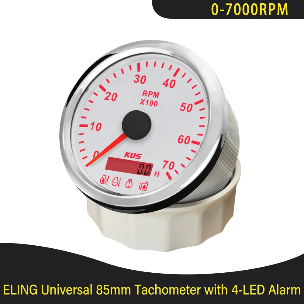 KUS Vehículos Barcos Tacómetro universal de 85 mm 0-7000 RPM con contador de horas y alarma de 4 LED Retroiluminación roja 12 V CC