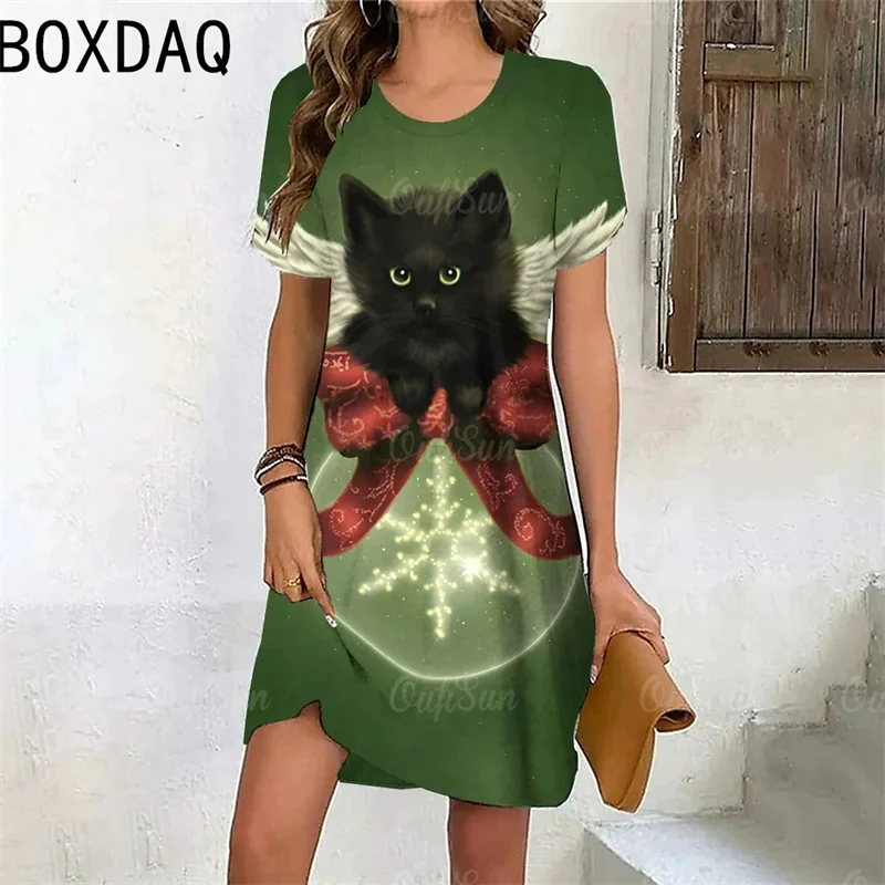Ladies Short Sleeve Round Neck Christmas Cat Pattern Printed Dress Fun And Cute Holiday Cat Design Women's Summer Dress