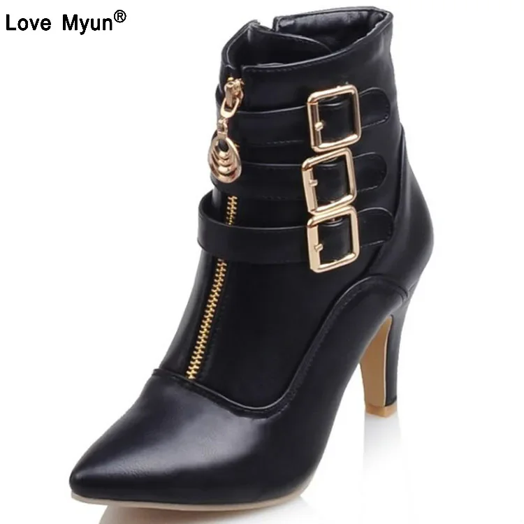 Shoes Women Boots Spring High Heels Ankle Boots Pointed Toe Buckle  Boots Zip Ladies Shoes White Big Size rtg5 image 2