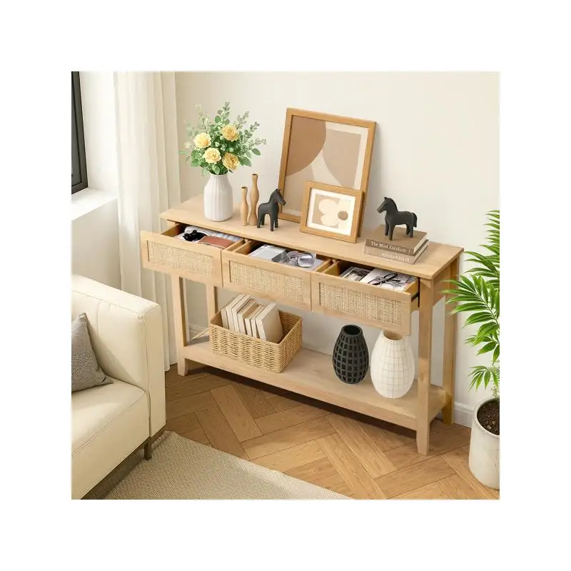Boho Rattan Console Table with 3 Drawers and Open Shelf, Narrow Entryway Sofa Table for Hallway or Foyer, Natural Wood Finish