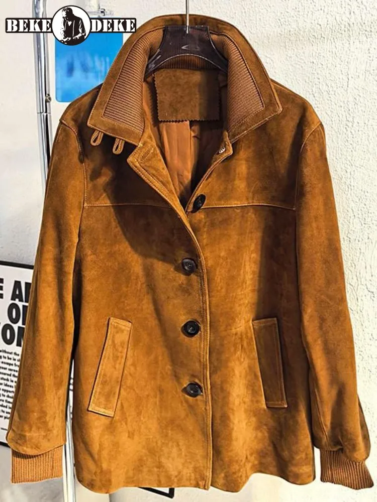 Leisure Style Female Solid Color Lapel Genuine Leather Jacket Loose Sheepskin Pocket Single Breasted Long Sleeves Outerwear