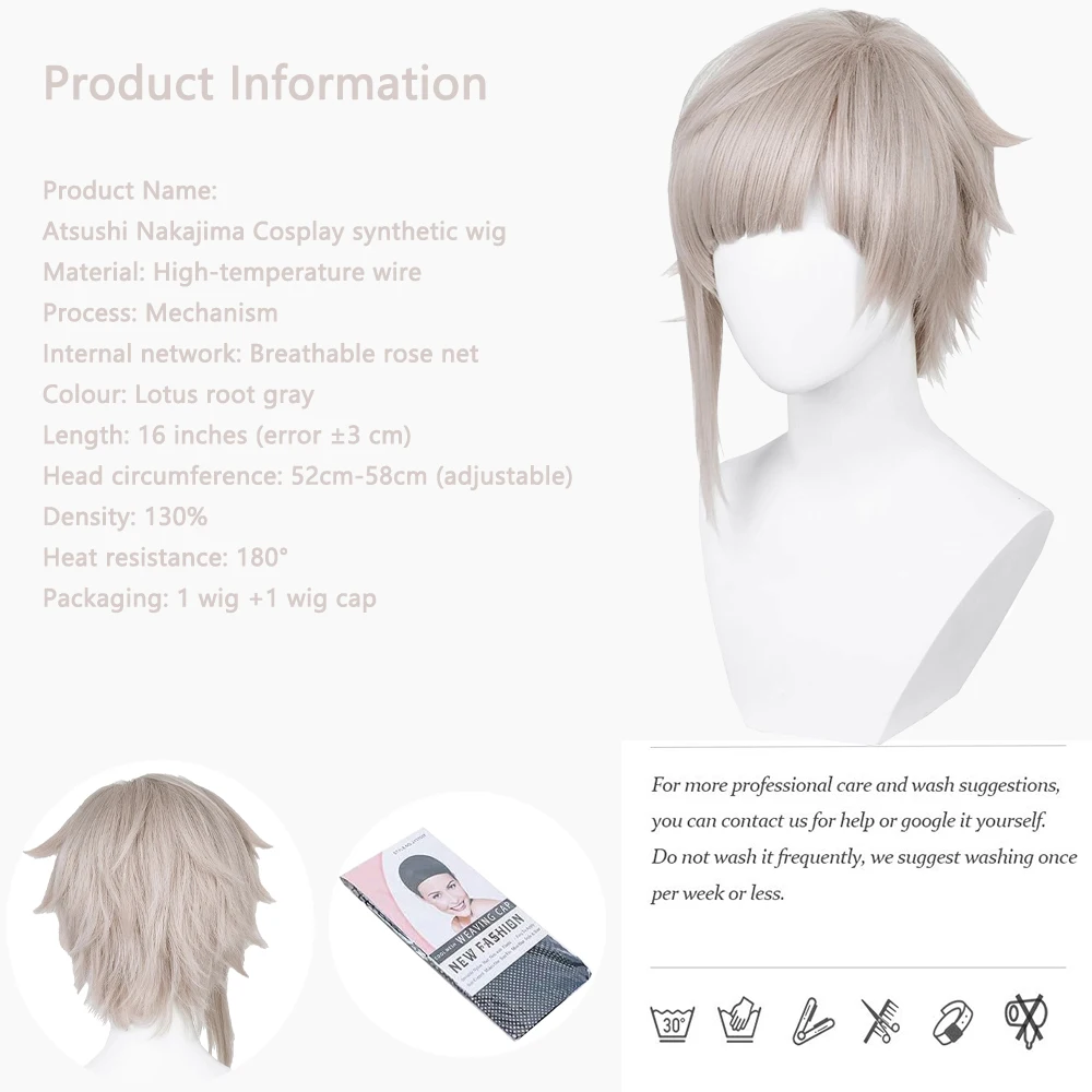 عالية الجودة أنيمي أتسوشي ناكاجيما تأثيري الشعر الاصطناعية 16 بوصة لوتس الجذر رمادي هالوين اليومية حفلة شعر مستعار مقاوم للحرارة