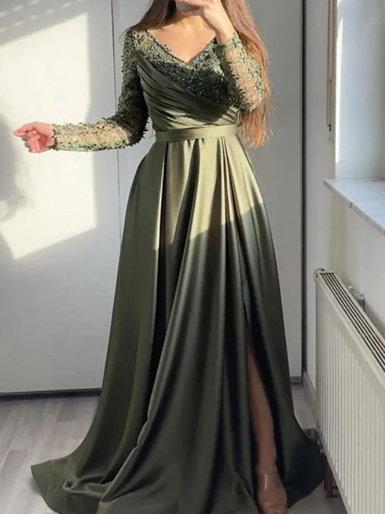 Lange mouw casual taille geplooide jurken jurk vrouwen elegante split satijnen feestjurk sexy v-hals geborduurde kant patchwork jurk
