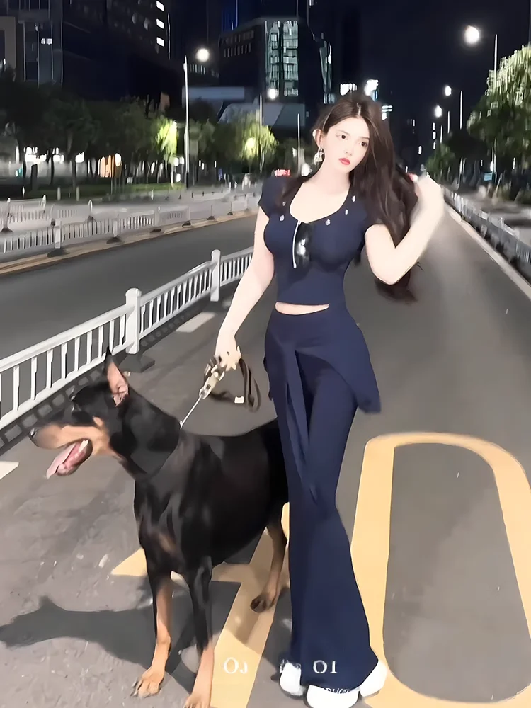 

Blue Buttoned Square Collar Short Sleeve Top with Belted Flared Pants Women's Summer Casual Sporty Two-Piece Set Fashionable