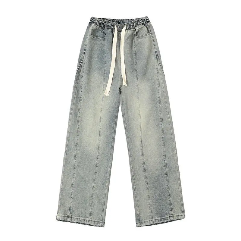 بنطال بنمط American Vibe بنطال جينز عالي الشارع برباط مغسول وخصر مطاطي وواسع الساق مقاس كبير