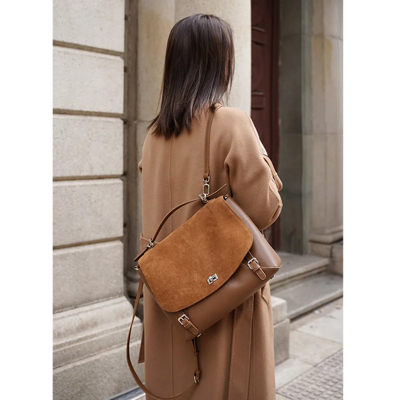 Spring 2026 Women's Fashion Handbag And Backpack Suede Versatile Design High Capacity Genuine Leather Handbag Shoulder Bags