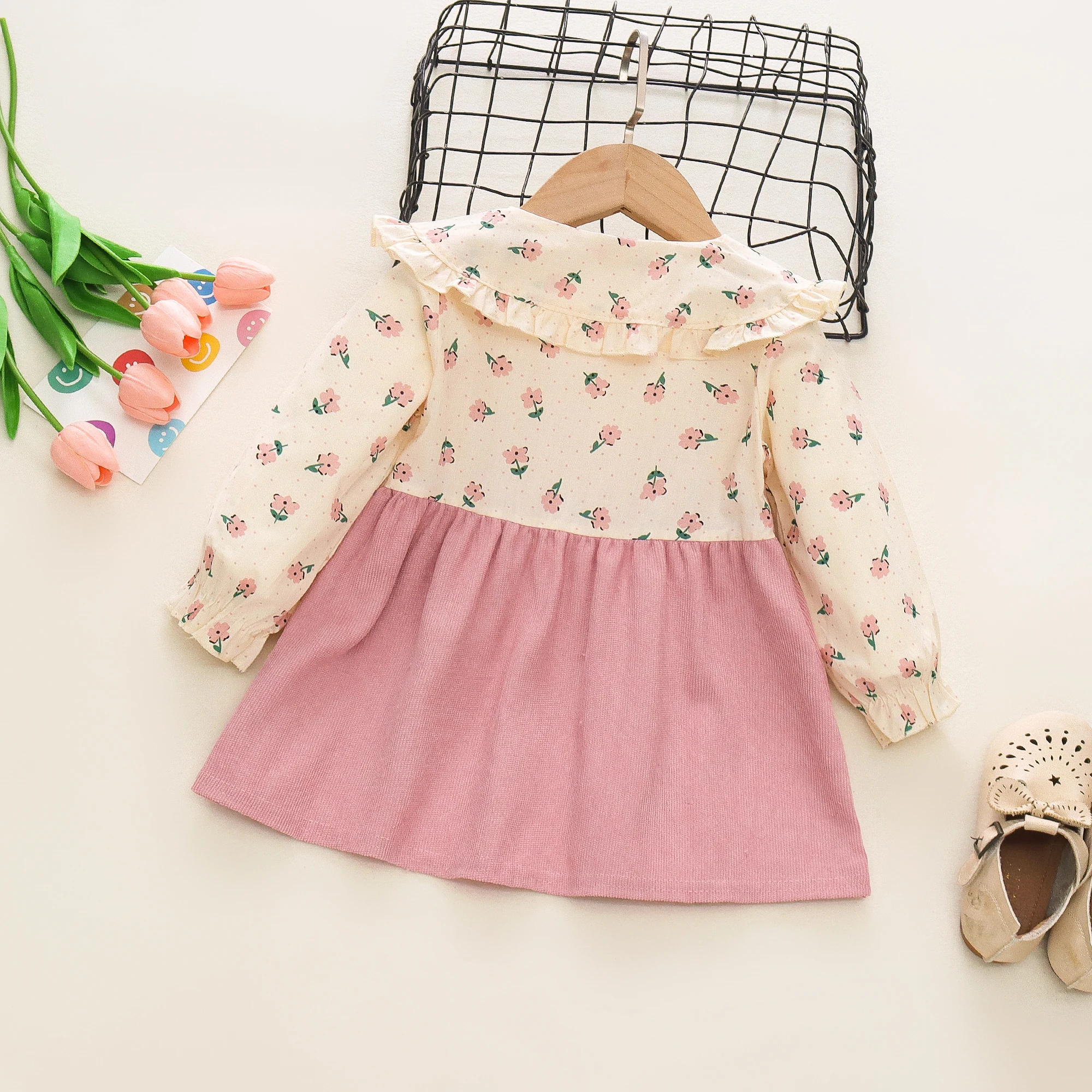 Autumn New Newborn Girls Long Sleeve Dress Cartoon Fragmented Flower Lapel Baby Princess Dress Flower Strap Dress