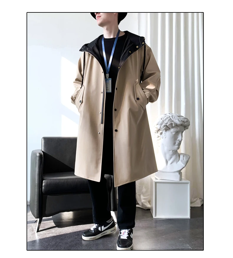トレンチメンズコートファッションフード付きトレンチコート秋ミッドレングスシングルブレストルーズウインドブレーカーカジュアルオーバーコートフェイクツーピース