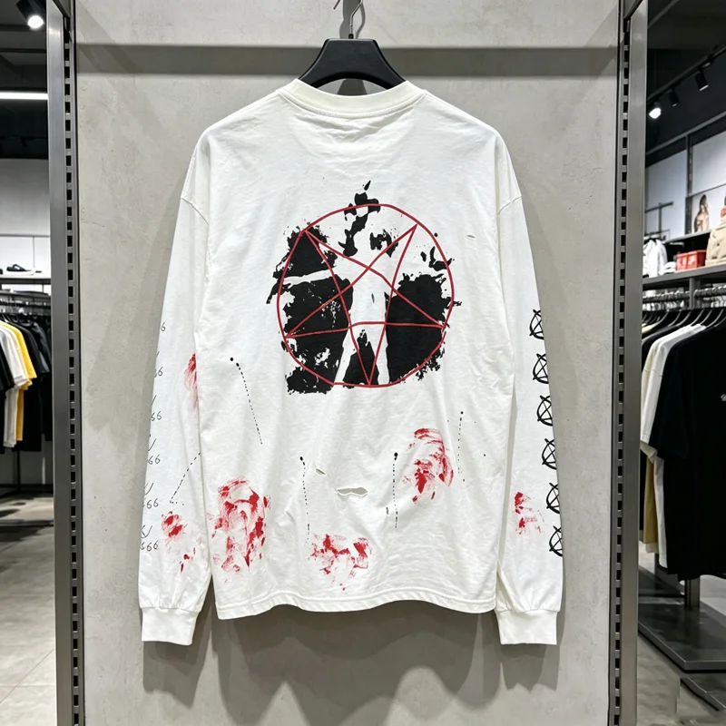 Stain Hole Damaged Saint DIABLO'S VOICE T Shirt Men Women Vintage Washed Do Old High Street Loose Long Sleeve T-shirt Tops Tee