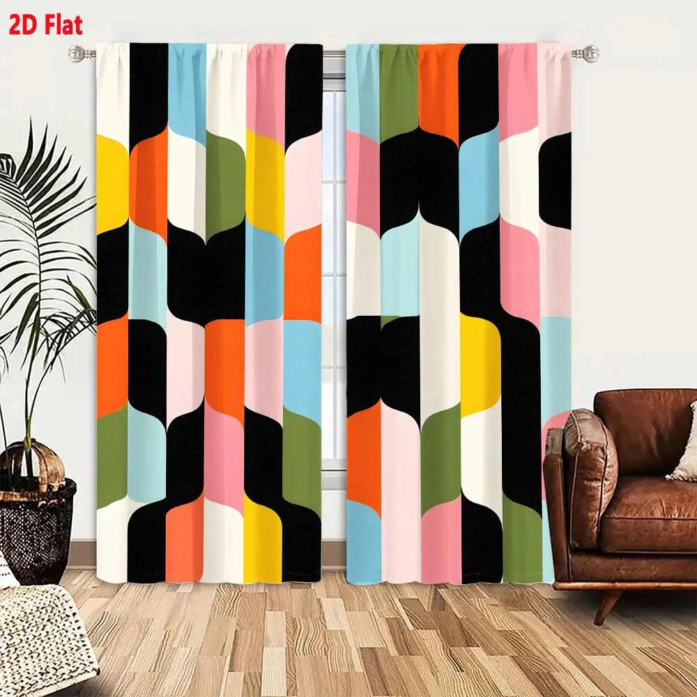2Pcs Curtains Vibrant Mid Century Modern Abstract Geometric Pattern With Bold Colors And Fluid Shapes Window Drapes for Bedroom