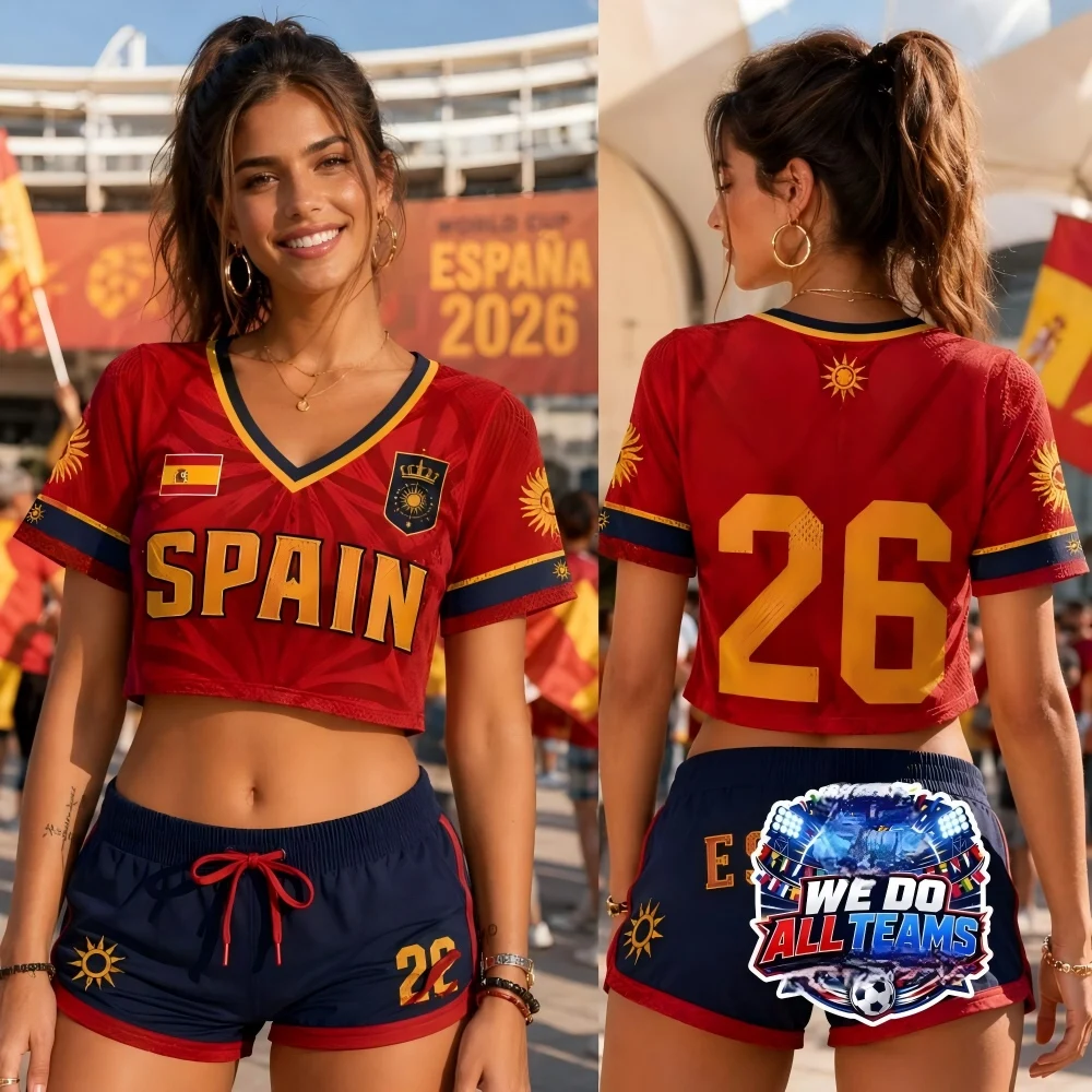 Women's Slim Fit Spain Soccer Shirt Cropped Hem Breathable Athletic Jersey for Daily Wear Game Watching Vacation Street Style