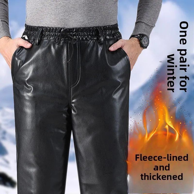 

Мужские утепленные кожаные брюки с высокой талией на флисовой подкладке, осенне-зимние, ветрозащитные, из хлопка, свободного кроя, в байкерском стиле