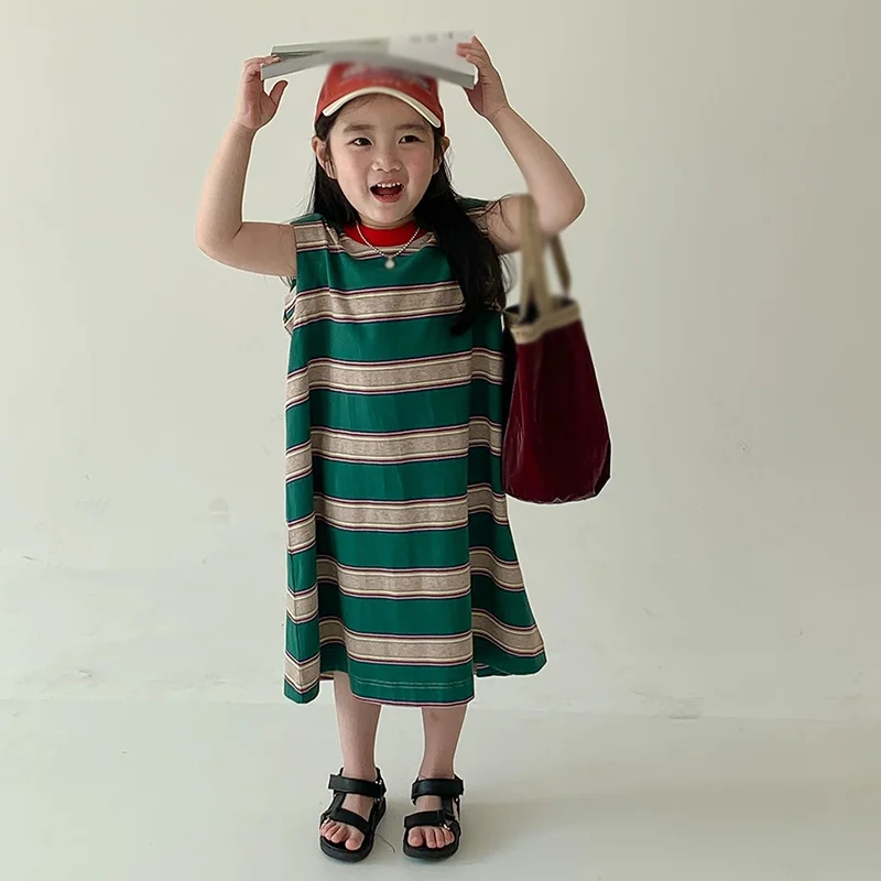 Girls Children Mid-Calf Dress Girl's Loose Sleeveless Striped Dress Round Neck Casual Dress Beach Dress