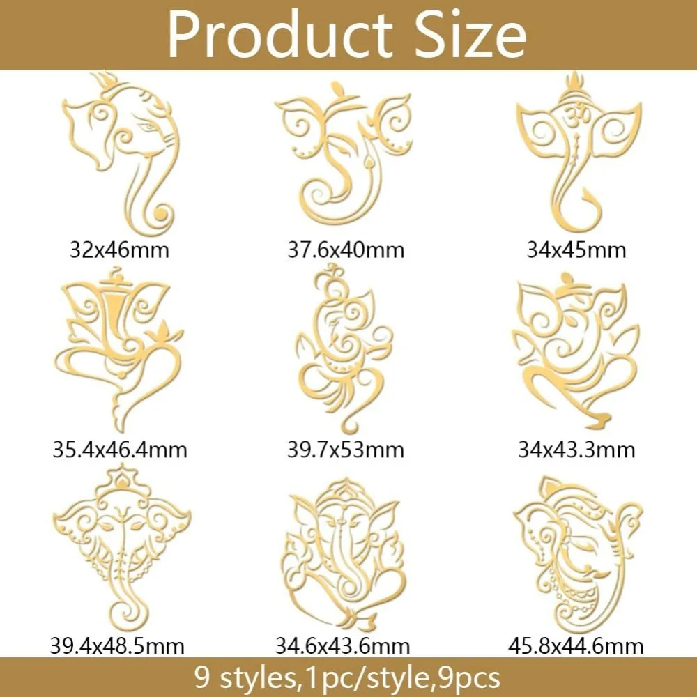 9pcs 1.6x1.6 Inch Elephant Pattren Metal Stickers Self Adhesive Gold Stickers Ganesha India Elephant Metal Gold Making Kit