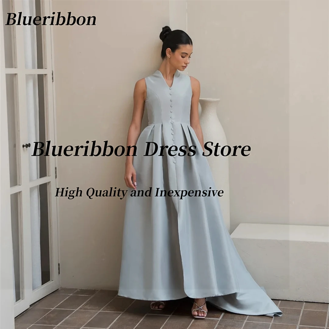

Blueribbon Little V Neck Prom Dresses Customized Buttons Front Slit Wedding Party Dress Ruched A Line Special Evening Gowns