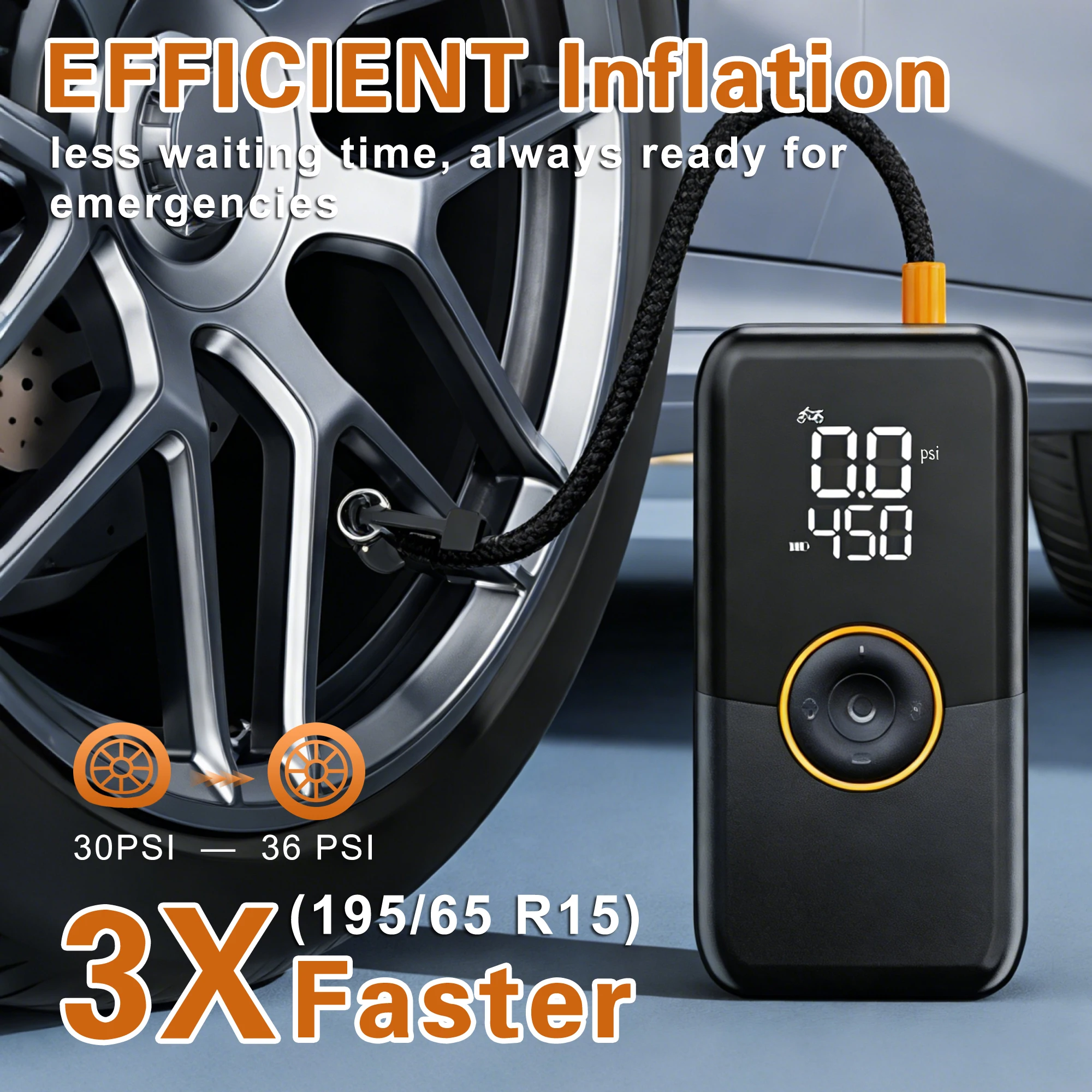 Portable Tire Inflator Air Compressor, 150 PSI Cordless 6000mAh Dual Power, 24L/Min Fast Inflation with Auto Shut-Off, LED Light, 4 Presets for Car/Bike/Motorcycle/Balls (12V DC Car Plug Included)