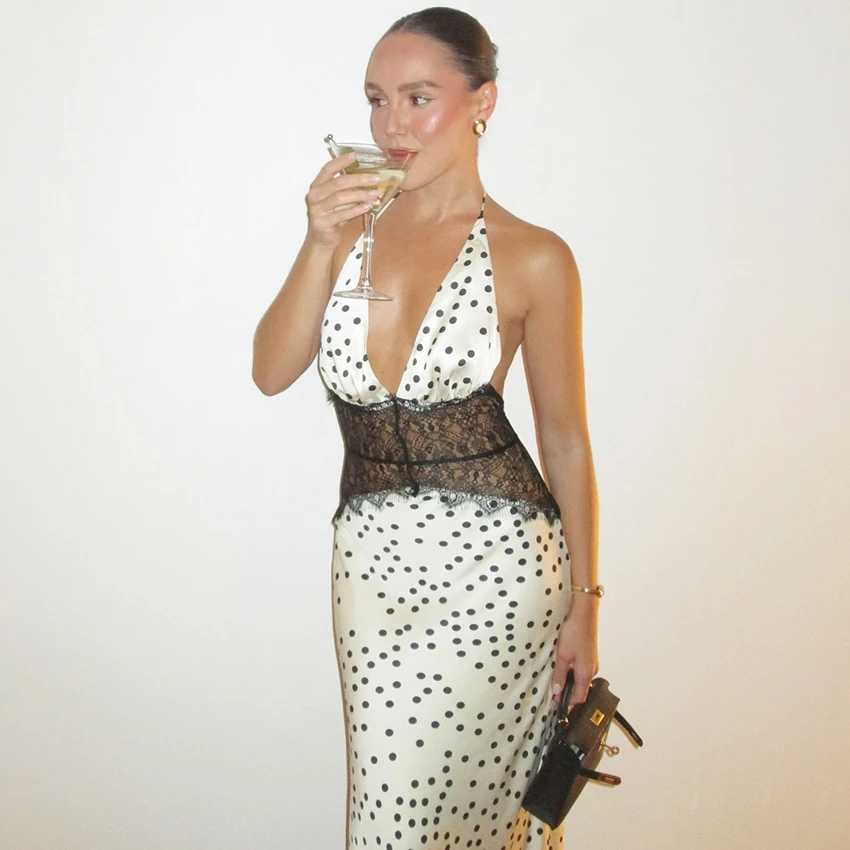 Linad Sexy à pois licou longue robe femmes automne élégant taille haute dentelle robe rue Chic mince évider robe pour femme