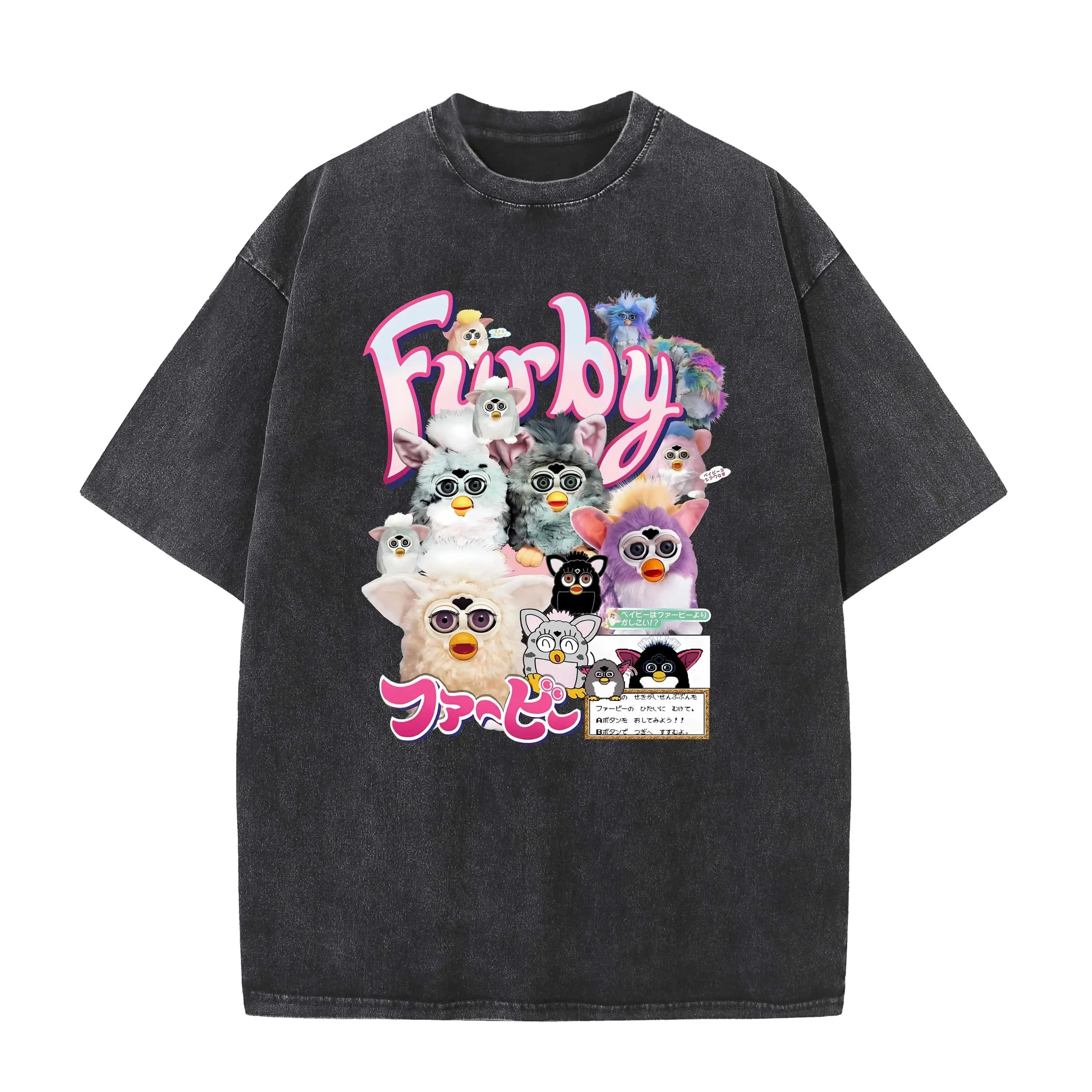 

2025 American retro washed old heavy cotton solid color short-sleeved Tshirt summer loose top tide washed T-shirt Furby toy