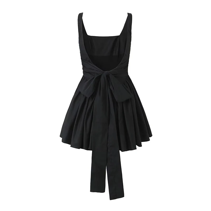 YENKYE Summer Women Sexy Backless Bow Mini Dresses Sleeveless Low Waist Pleated Swing Holiday Party Robe Black White Pink