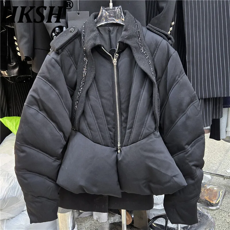 

HKSH 2025 Winter New Women's Down Coat Turn-down Collar Patchwork Zipper Waist Cinching Elegant Trendy Short Warm Jacket HK13953
