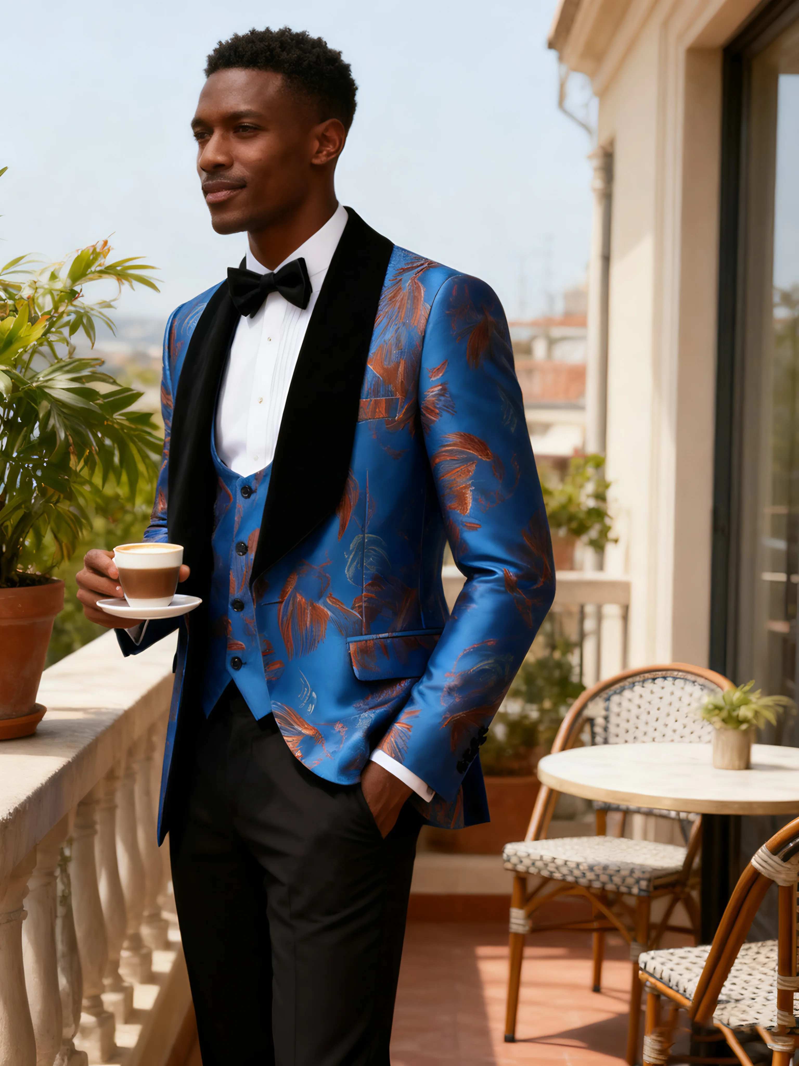 

Мужской костюм-тройка обычного кроя, включая пиджак, жилет и брюки, подходит для свадебных банкетных мероприятий.