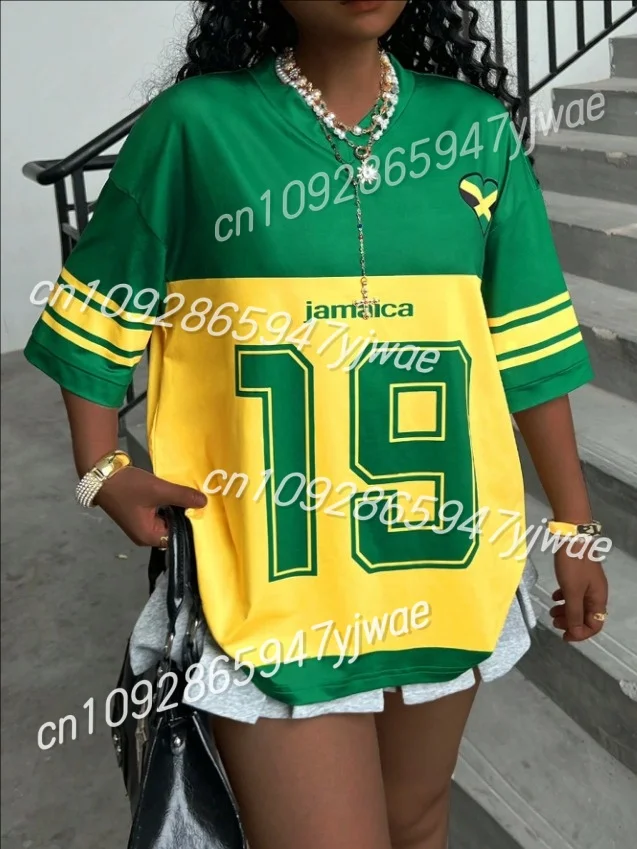 المرأة جامايكا طباعة الخامس الرقبة قصيرة الأكمام ثقب تي شيرت الصيف الجرافيك المحملة البيسبول الفانيلة حجم كبير تي شيرت رياضي