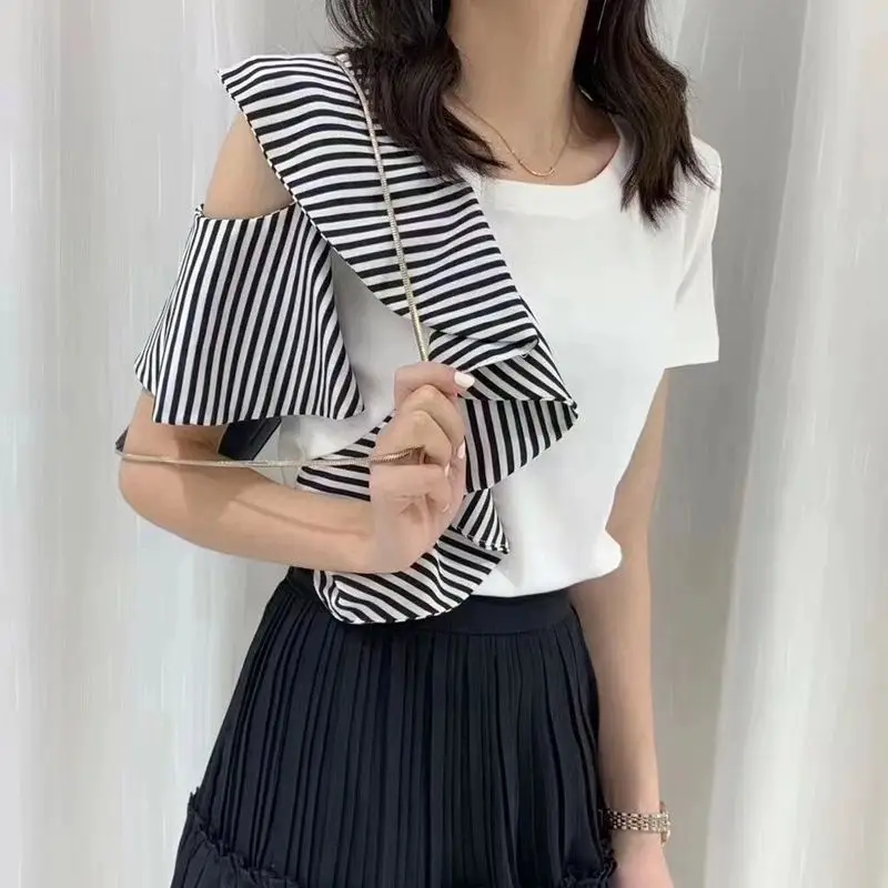 

Women's Clothing 2025 Summer New Loose Casual Tops Asymmetrical Shirts Fashion O-Neck Spliced Ruffles Off Shoulder Blouses