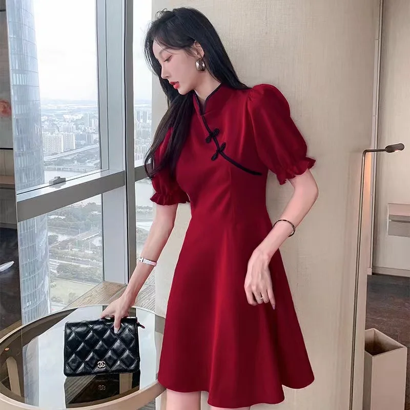 

Cheongsam Dress Women Vintage Chinese Style Elegant Ruffles Fashion Tender Street Puff Sleeve Kawaii Students Female Summer