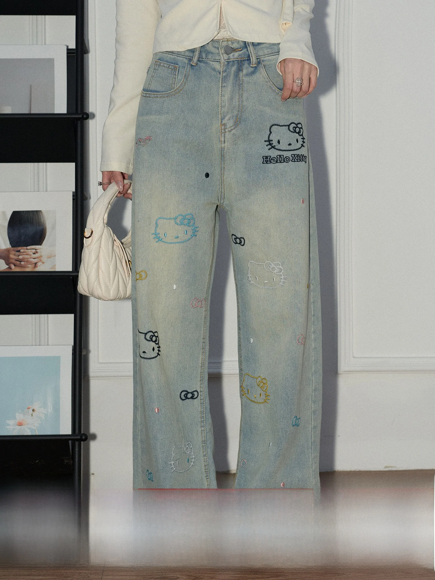 

High Waist Wide Leg Embroidered Denim Jeans Women's Light Blue Spring Season Cute Sle Straight Leg Pants hine Embroidery